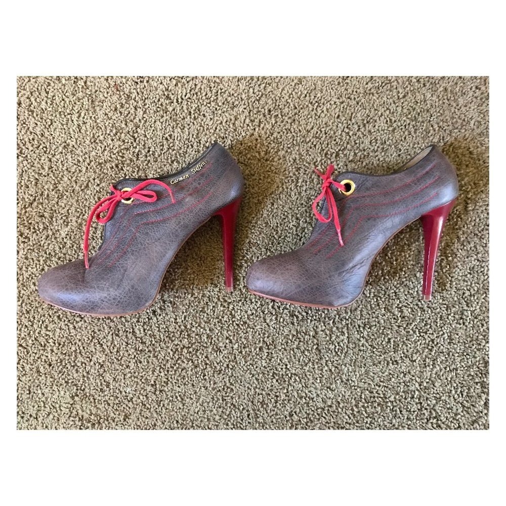 Carmen Steffens Grey Red Leather Lace Up Ankle Booties Stiletto Heels Size 37